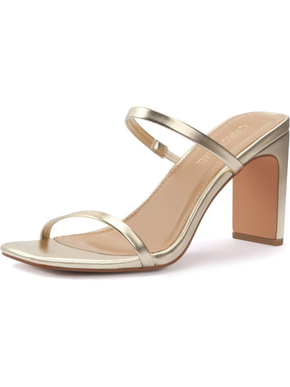 Women's Gold Summer Square Toe Two Strap Open Toe Block Fashion Heels Sandals